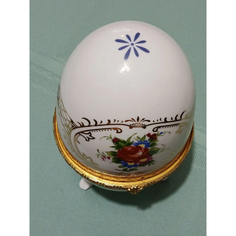 Decorative Porcelain Egg‎ Trinket Box Hinged Rose Floral Gold Accent